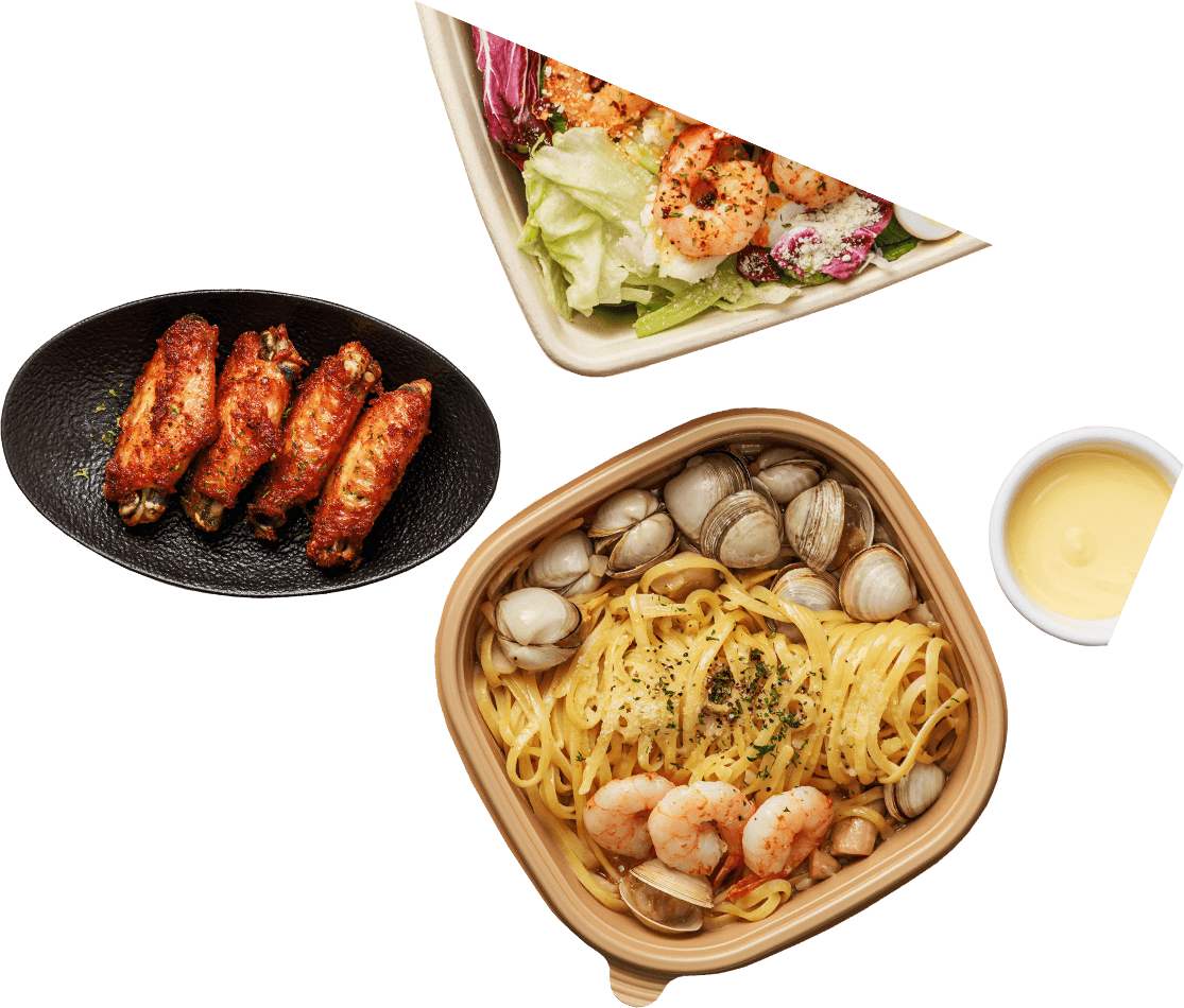 치킨윙과 샐러드, 조개 파스타 메뉴 사진